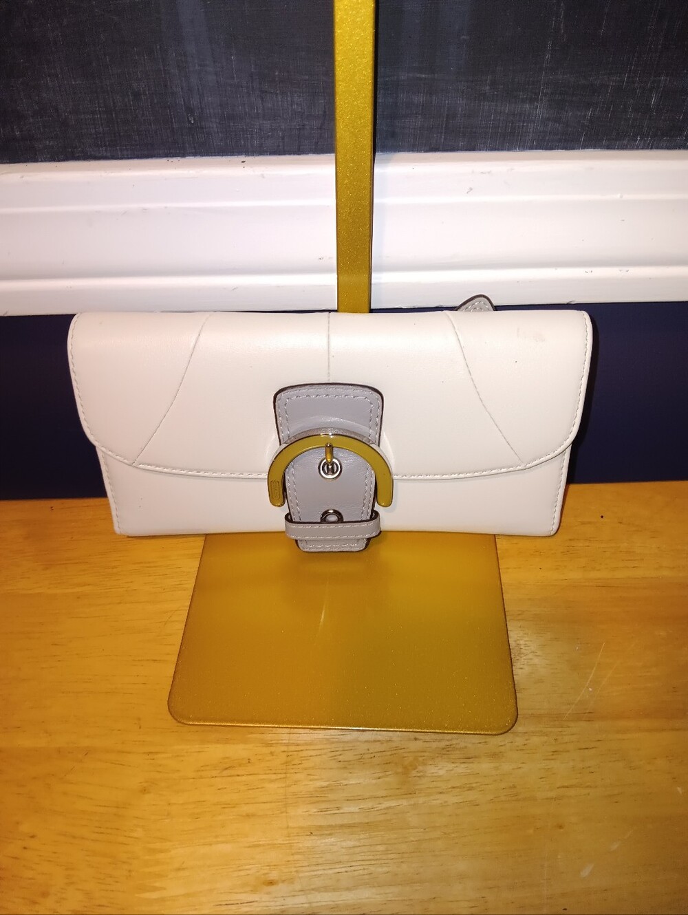 Coach White Leather Clutch with Gray and Gold Buckle